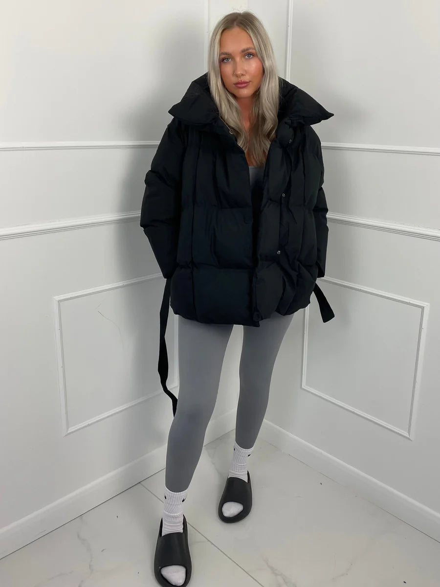 Women's Puffer Jacket with Tie Belt & High Collar | Oversized