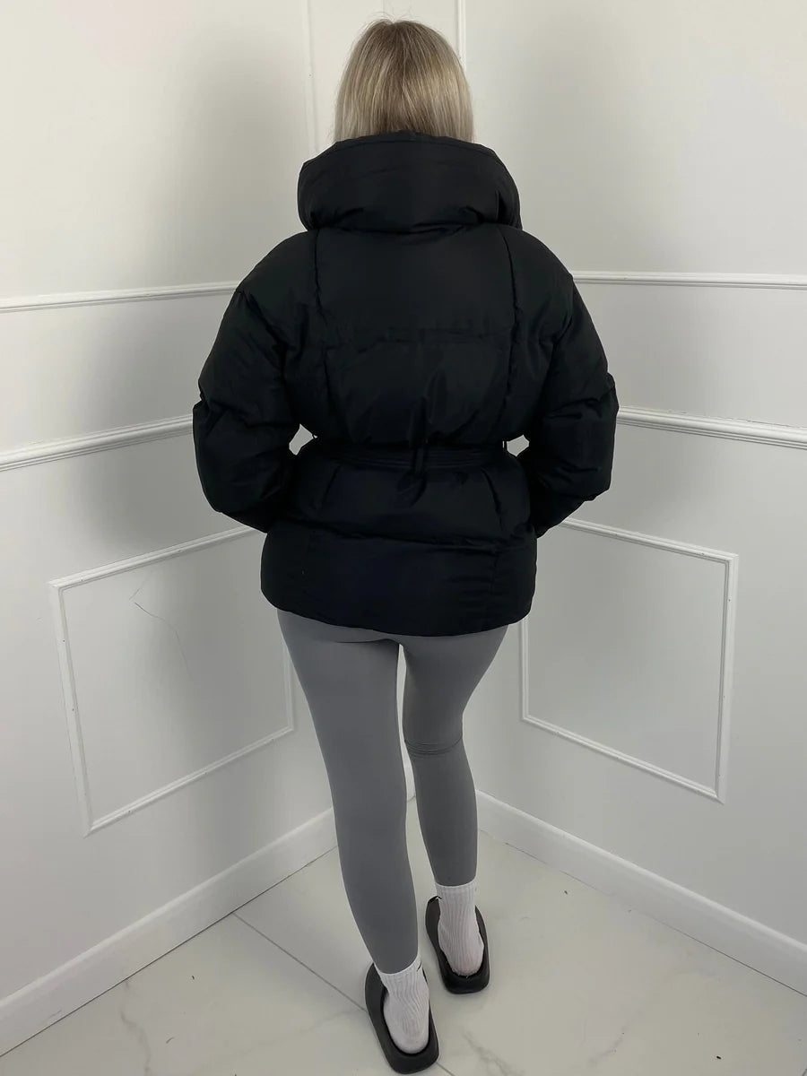Women's Puffer Jacket with Tie Belt & High Collar | Oversized