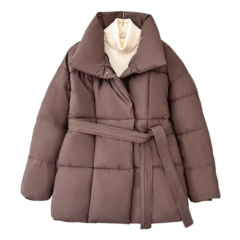 Women's Puffer Jacket with Tie Belt & High Collar | Oversized