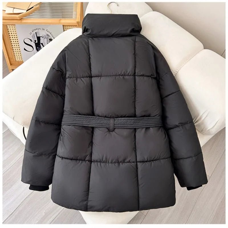 Women's Puffer Jacket with Tie Belt & High Collar | Oversized