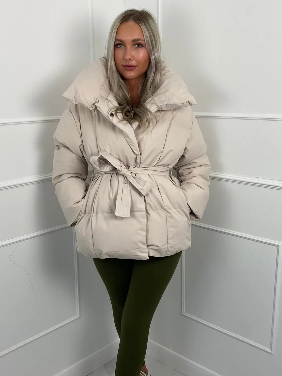 Women's Puffer Jacket with Tie Belt & High Collar | Oversized