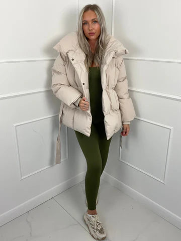 Women's Puffer Jacket with Tie Belt & High Collar | Oversized