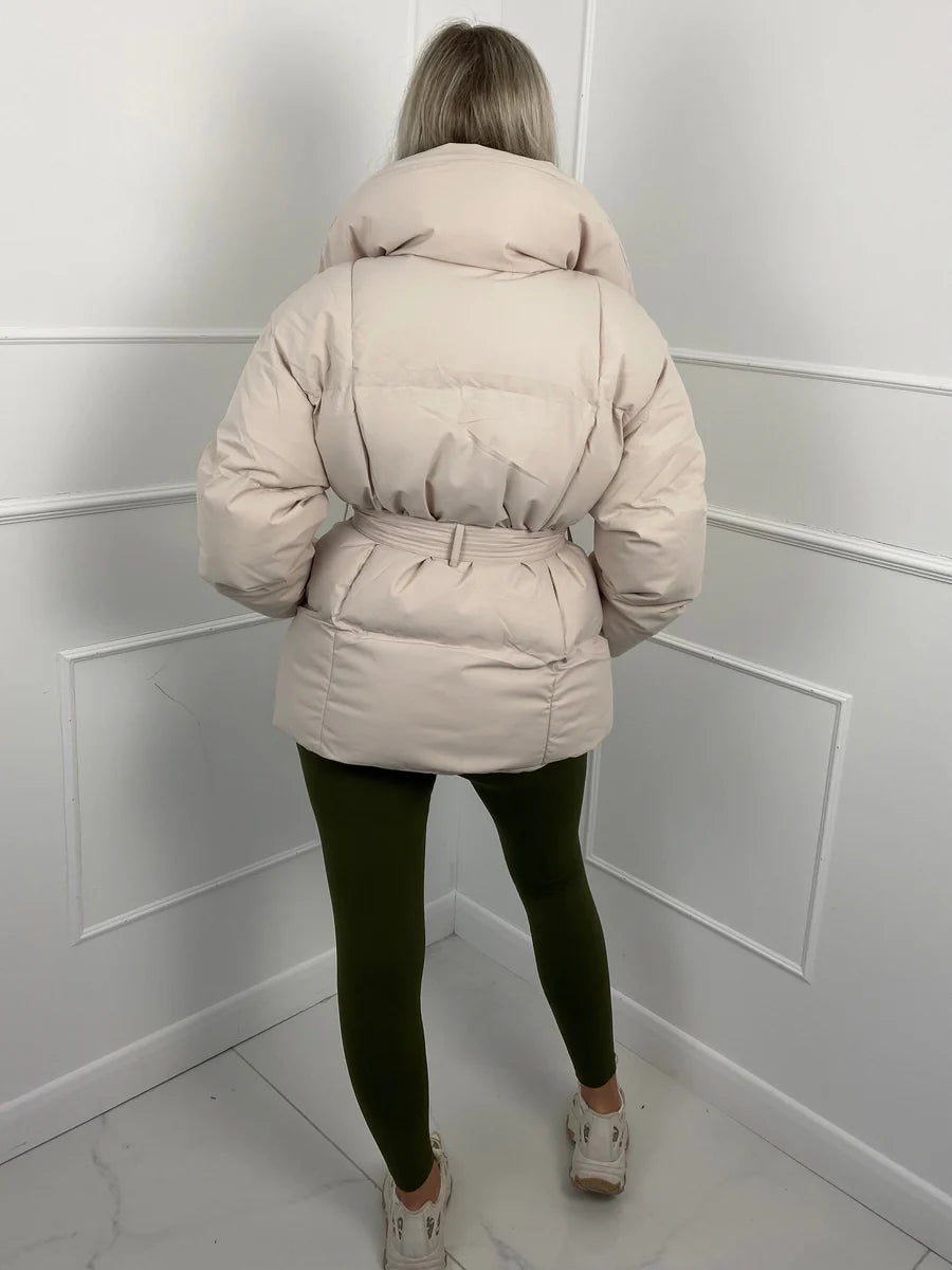 Women's Puffer Jacket with Tie Belt & High Collar | Oversized
