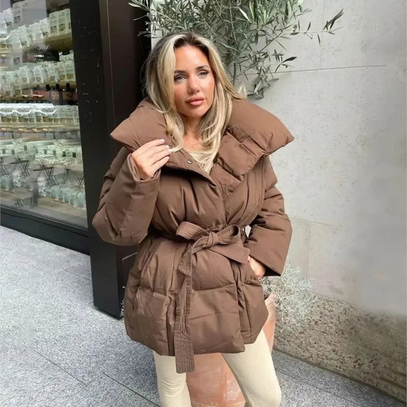 Women's Puffer Jacket with Tie Belt & High Collar | Oversized