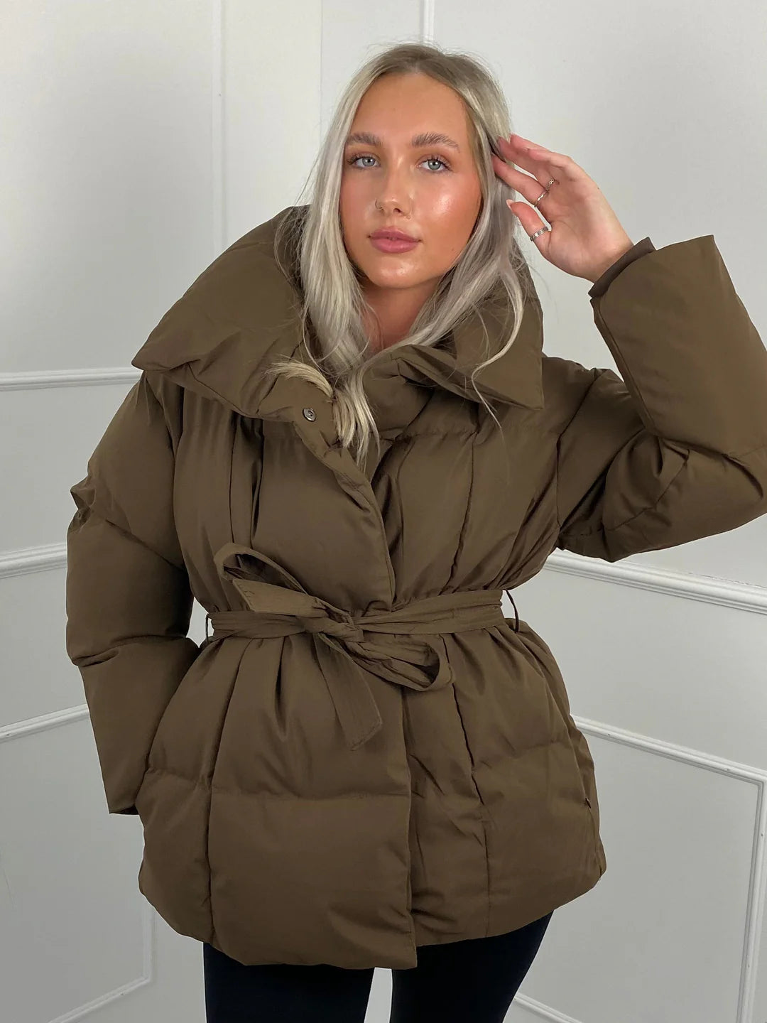 Women's Puffer Jacket with Tie Belt & High Collar | Oversized