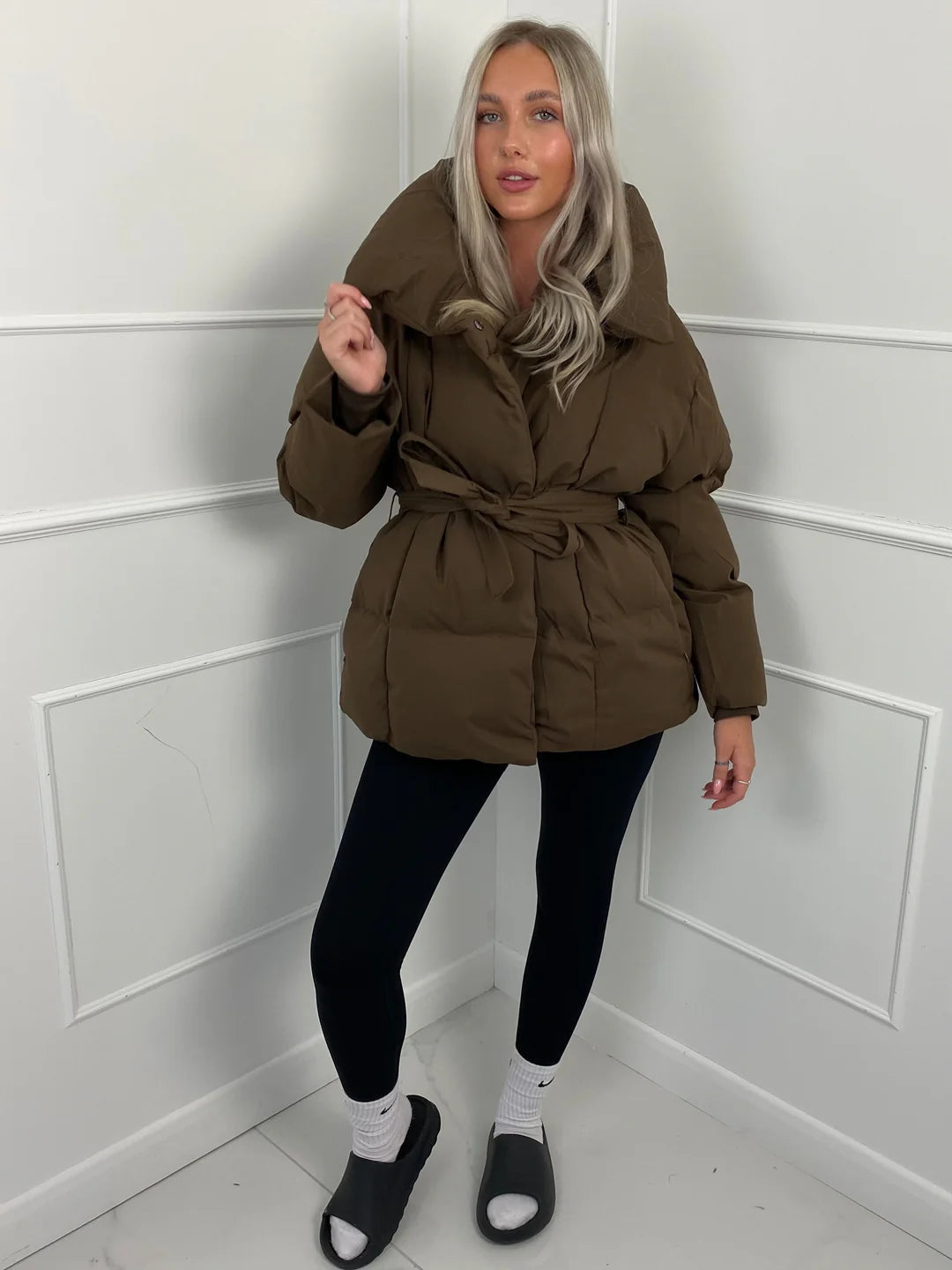 Women's Puffer Jacket with Tie Belt & High Collar | Oversized