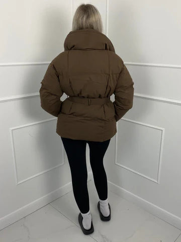 Women's Puffer Jacket with Tie Belt & High Collar | Oversized