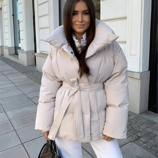 Women's Puffer Jacket with Tie Belt & High Collar | Oversized