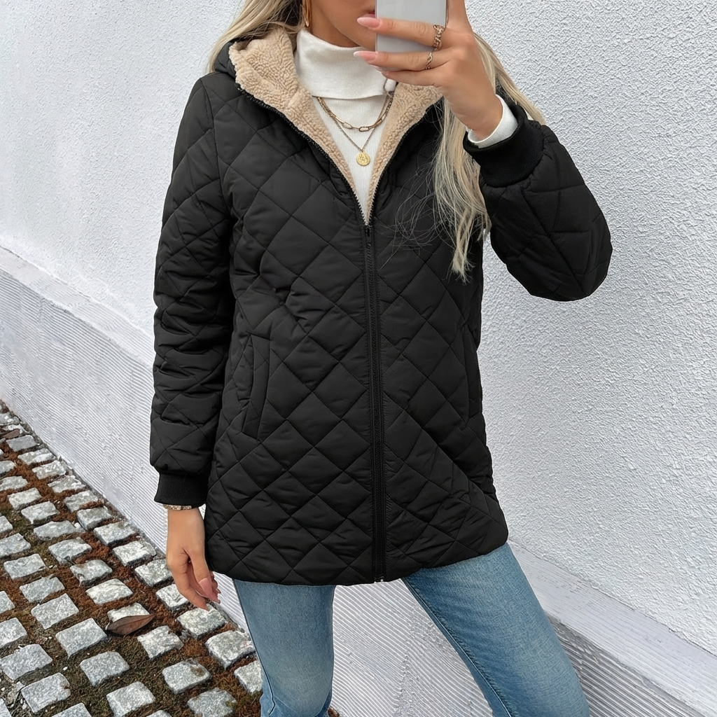 Thea | Women's Longline Hooded Puffer Coat with Diamond Quilting