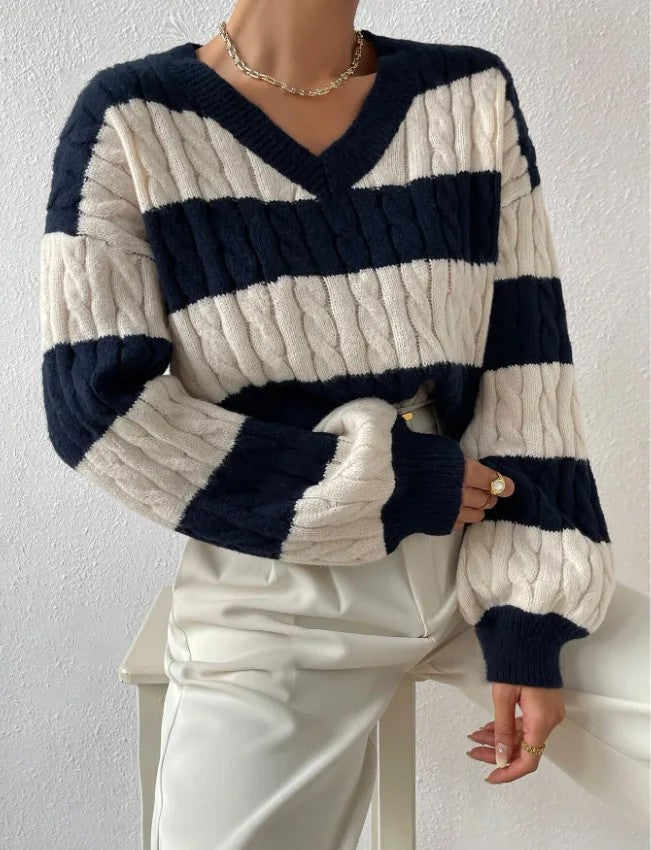 Isalène | Women's Striped Cable Knit V-Neck Sweater