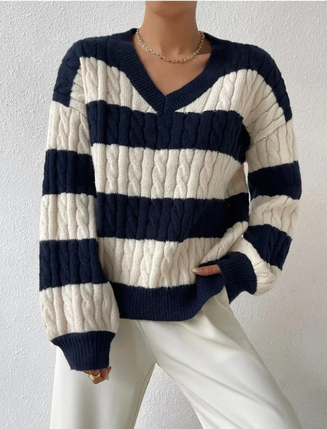Isalène | Women's Striped Cable Knit V-Neck Sweater