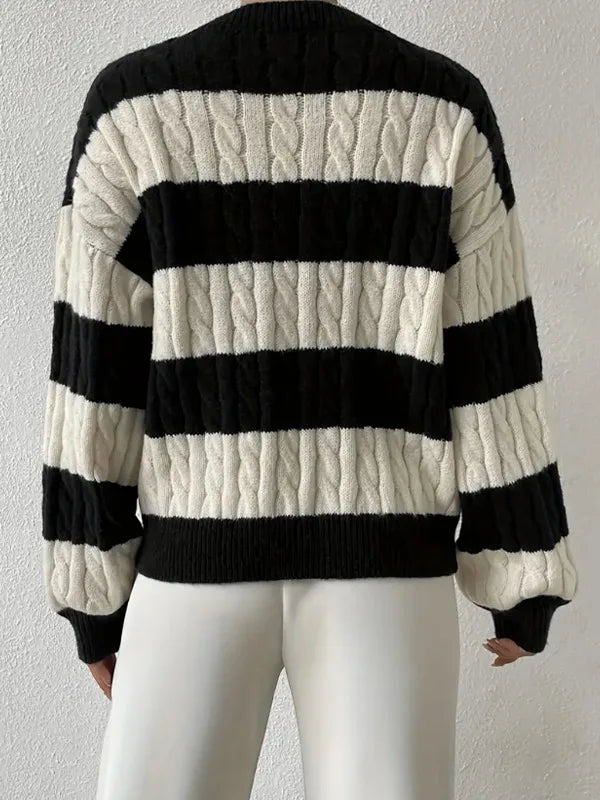Isalène | Women's Striped Cable Knit V-Neck Sweater