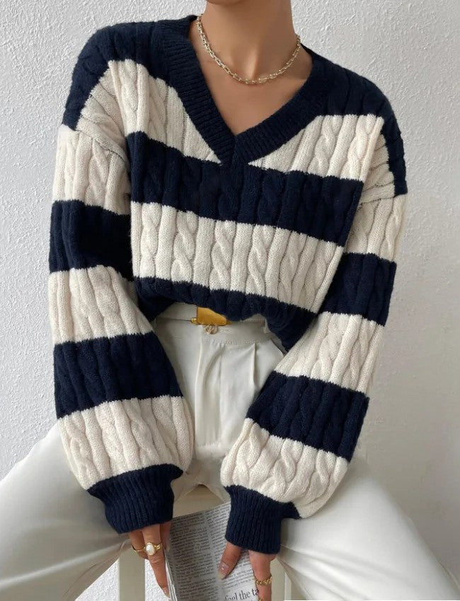 Isalène | Women's Striped Cable Knit V-Neck Sweater