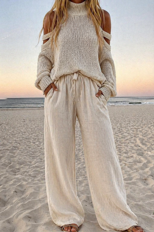 Elowen | Off Shoulder Knit Top & Wide Leg Trouser Set
