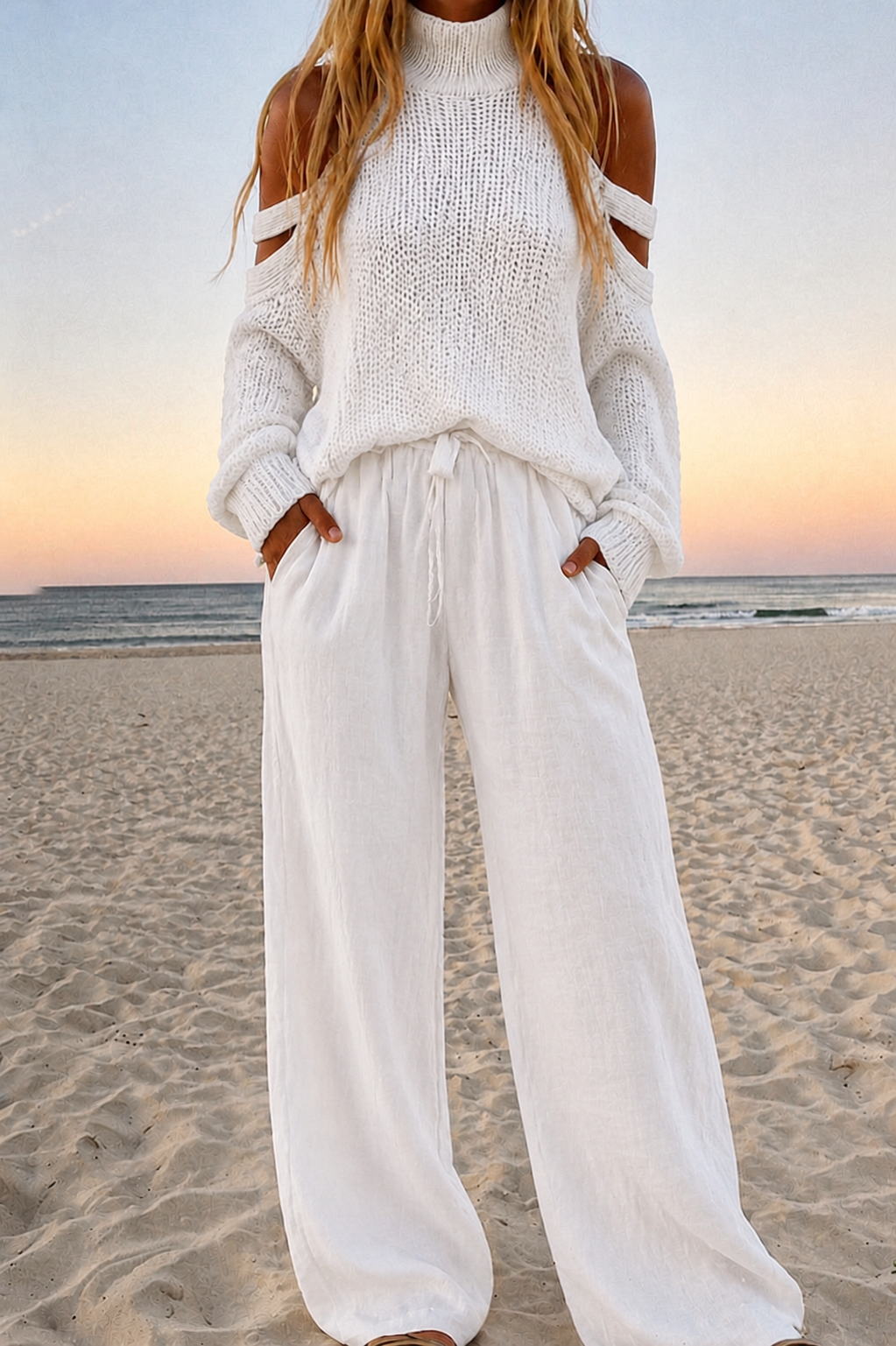 Elowen | Off Shoulder Knit Top & Wide Leg Trouser Set