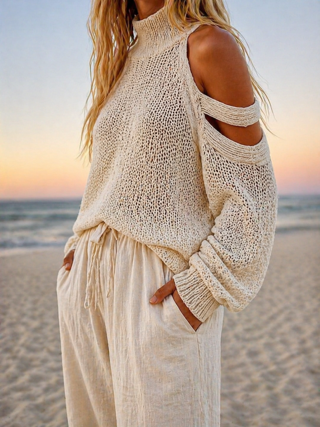 Elowen | Off Shoulder Knit Top & Wide Leg Trouser Set