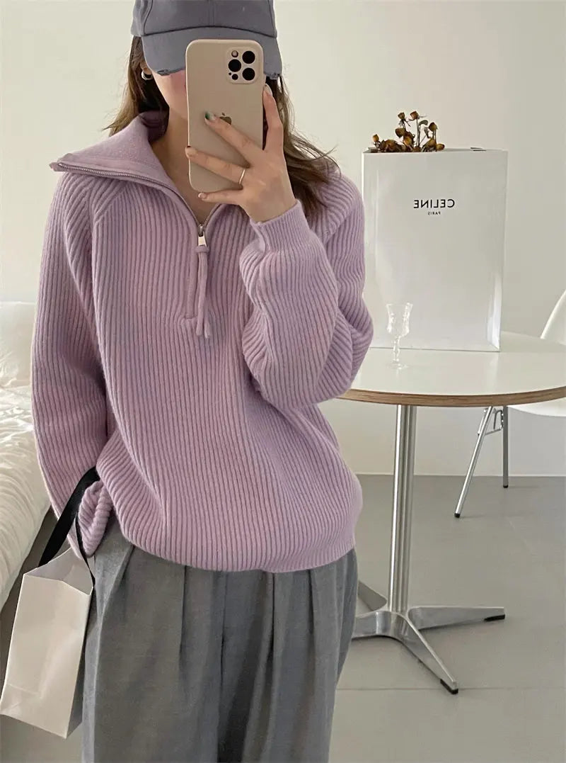 Aurelia | Women's Oversized Ribbed Knit Quarter-Zip Polo Jumper