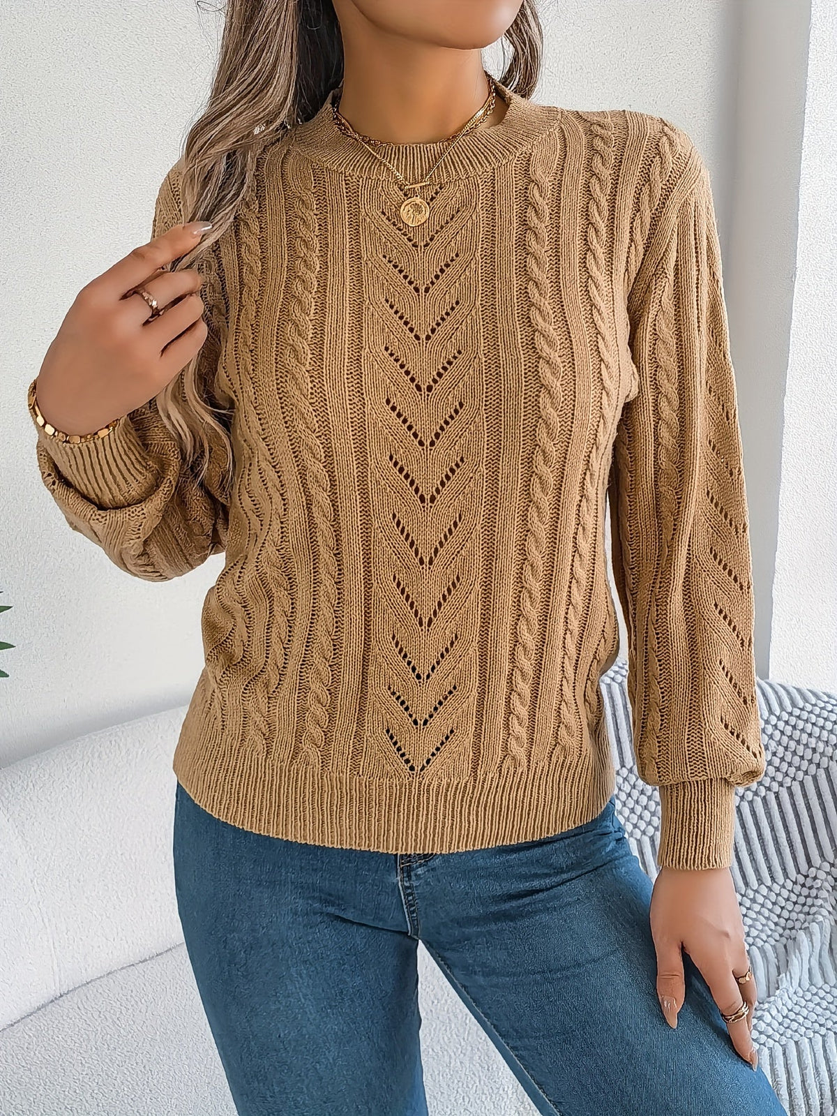 Lowri | Women's Textured Openwork Crew Neck Knit Jumper