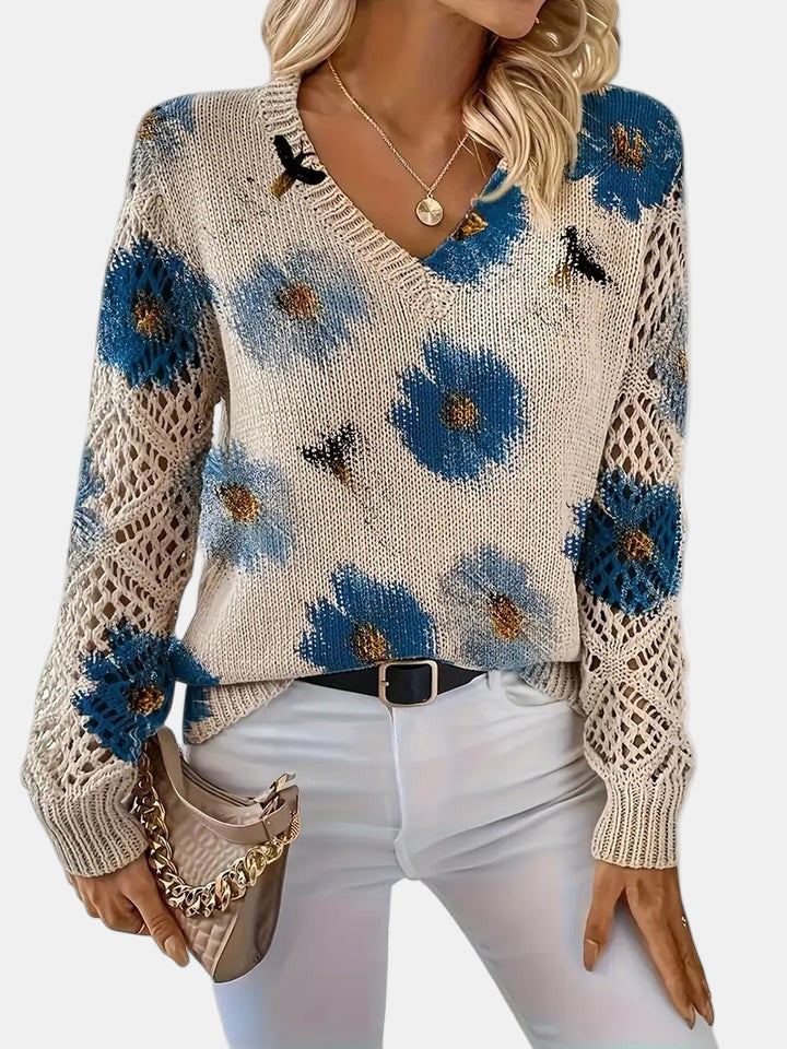Roséliane | Women's Floral Knit V-Neck Sweater