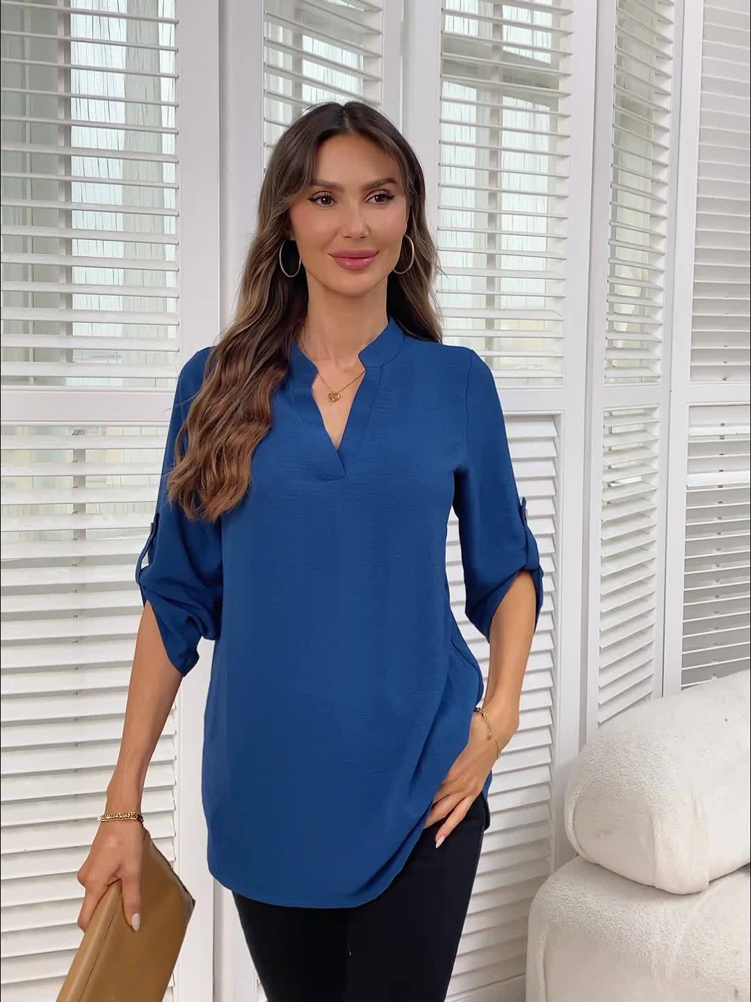 Maëlia | Women's V-Neck Roll Sleeve Blouse