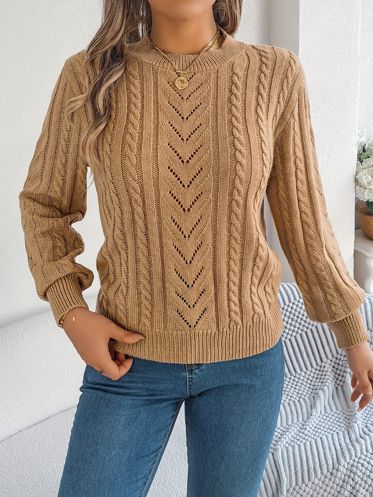 Lowri | Women's Textured Openwork Crew Neck Knit Jumper