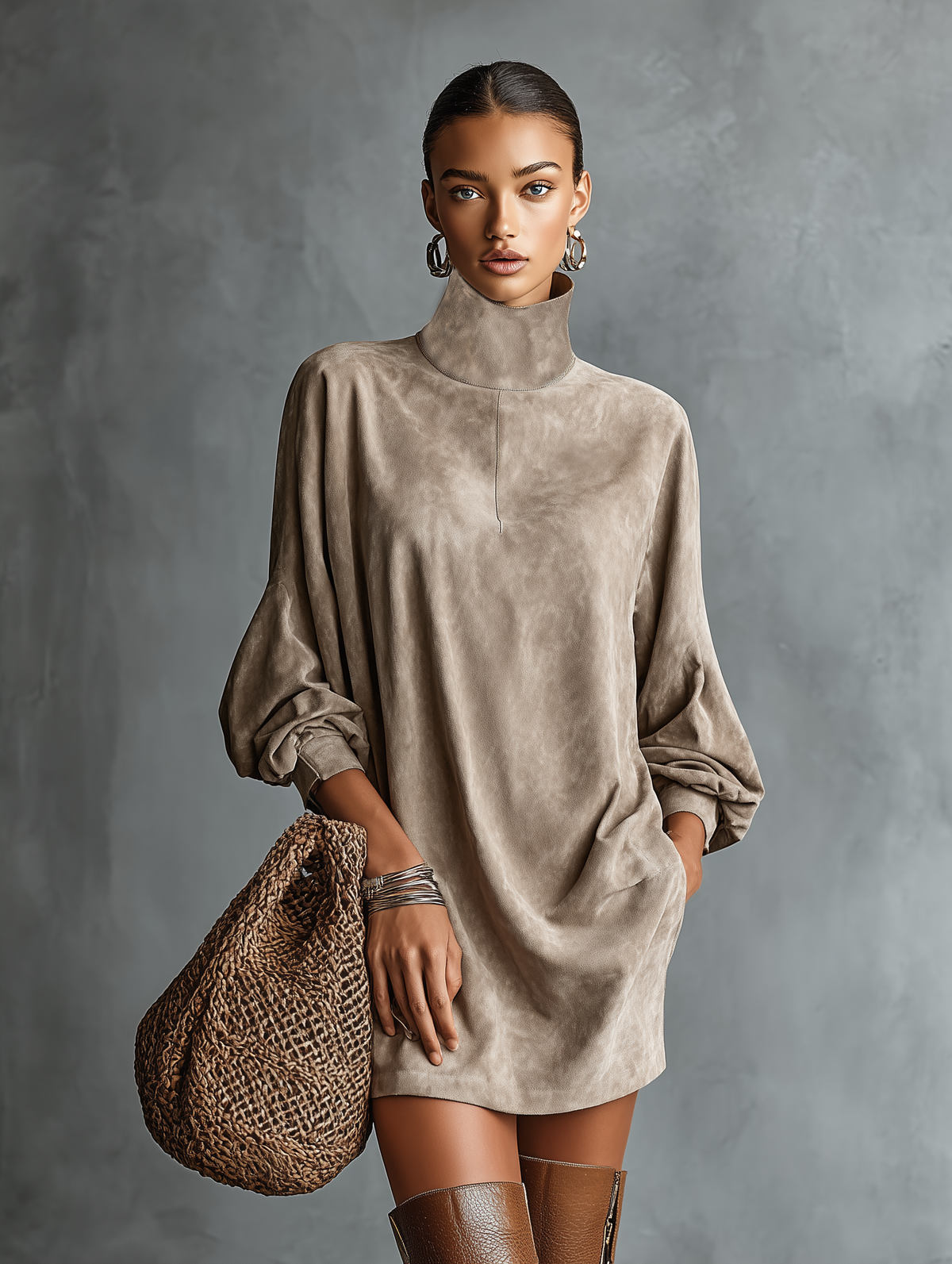 Zoraya | Women's Faux Suede Roll-Neck Long-Sleeve Dress