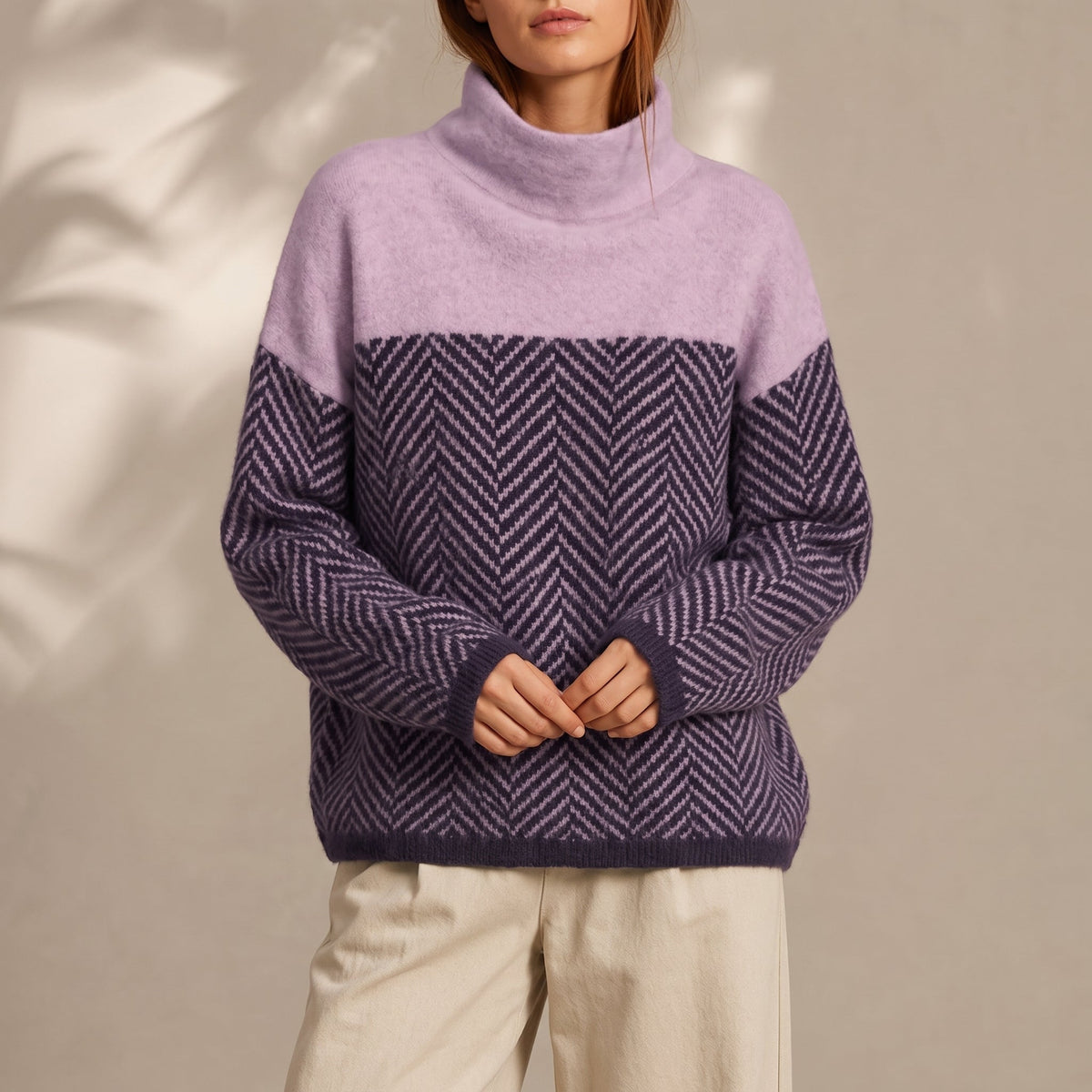 Vaelora | Women's Chevron Colour-Block Relaxed-Fit Funnel-Neck Knitted Jumper