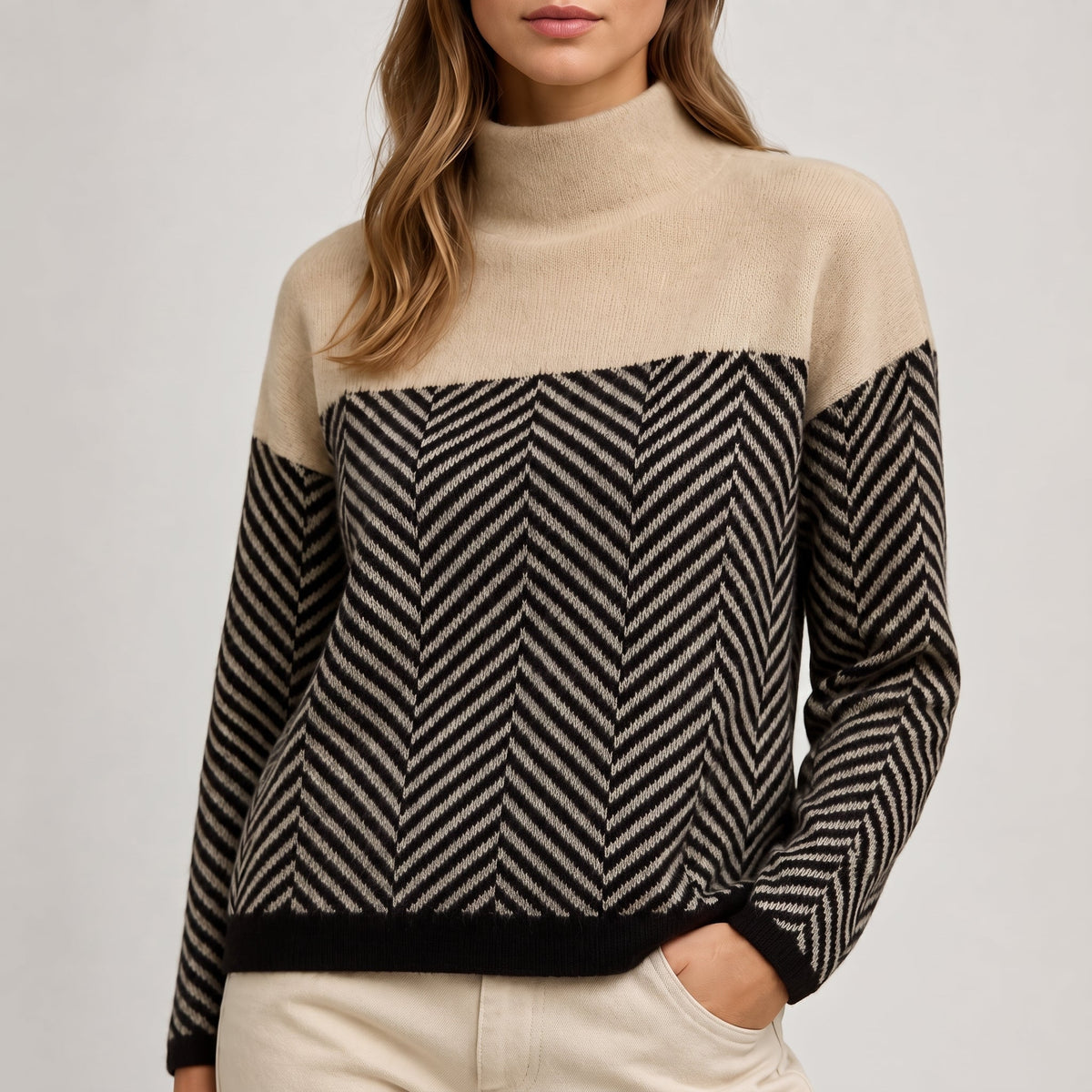 Vaelora | Women's Chevron Colour-Block Relaxed-Fit Funnel-Neck Knitted Jumper