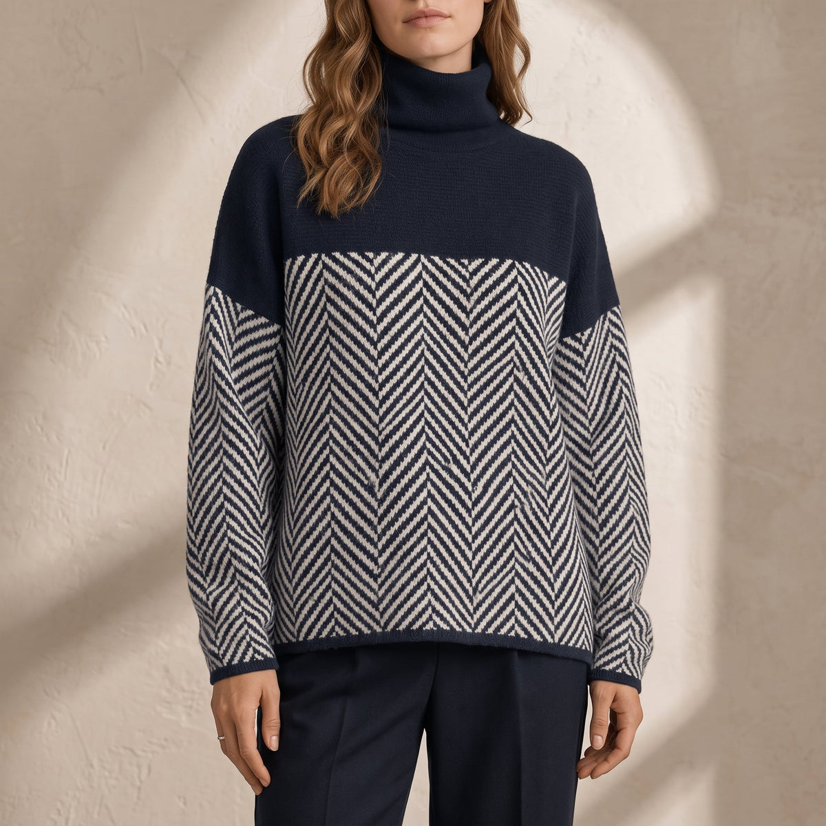 Vaelora | Women's Chevron Colour-Block Relaxed-Fit Funnel-Neck Knitted Jumper