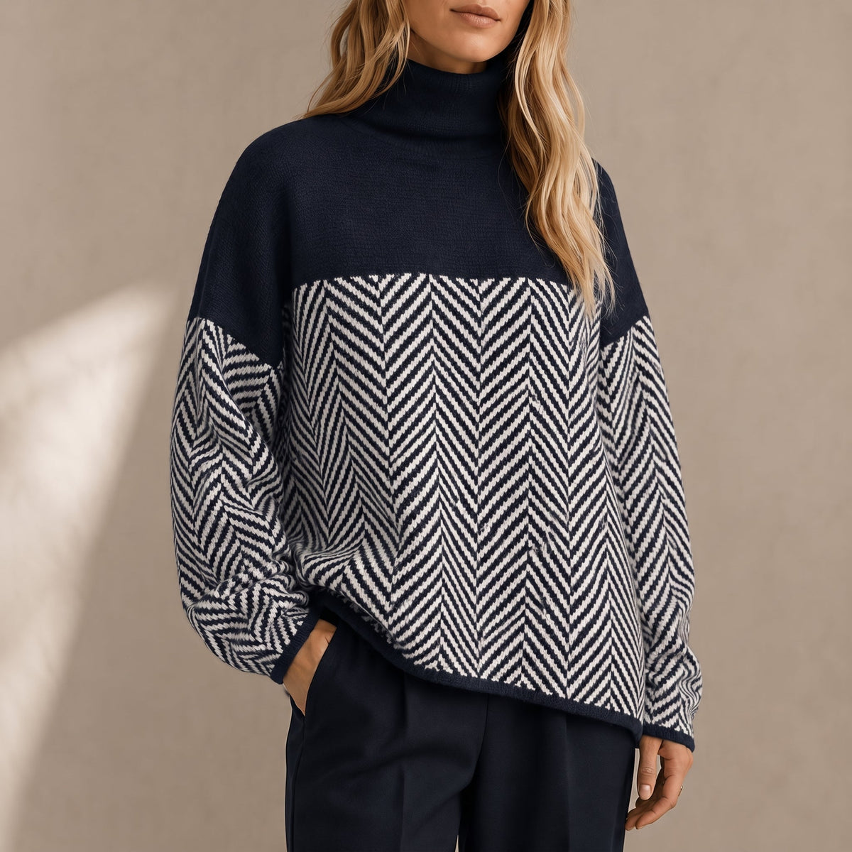 Vaelora | Women's Chevron Colour-Block Relaxed-Fit Funnel-Neck Knitted Jumper