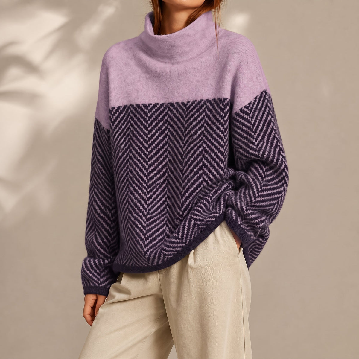 Vaelora | Women's Chevron Colour-Block Relaxed-Fit Funnel-Neck Knitted Jumper