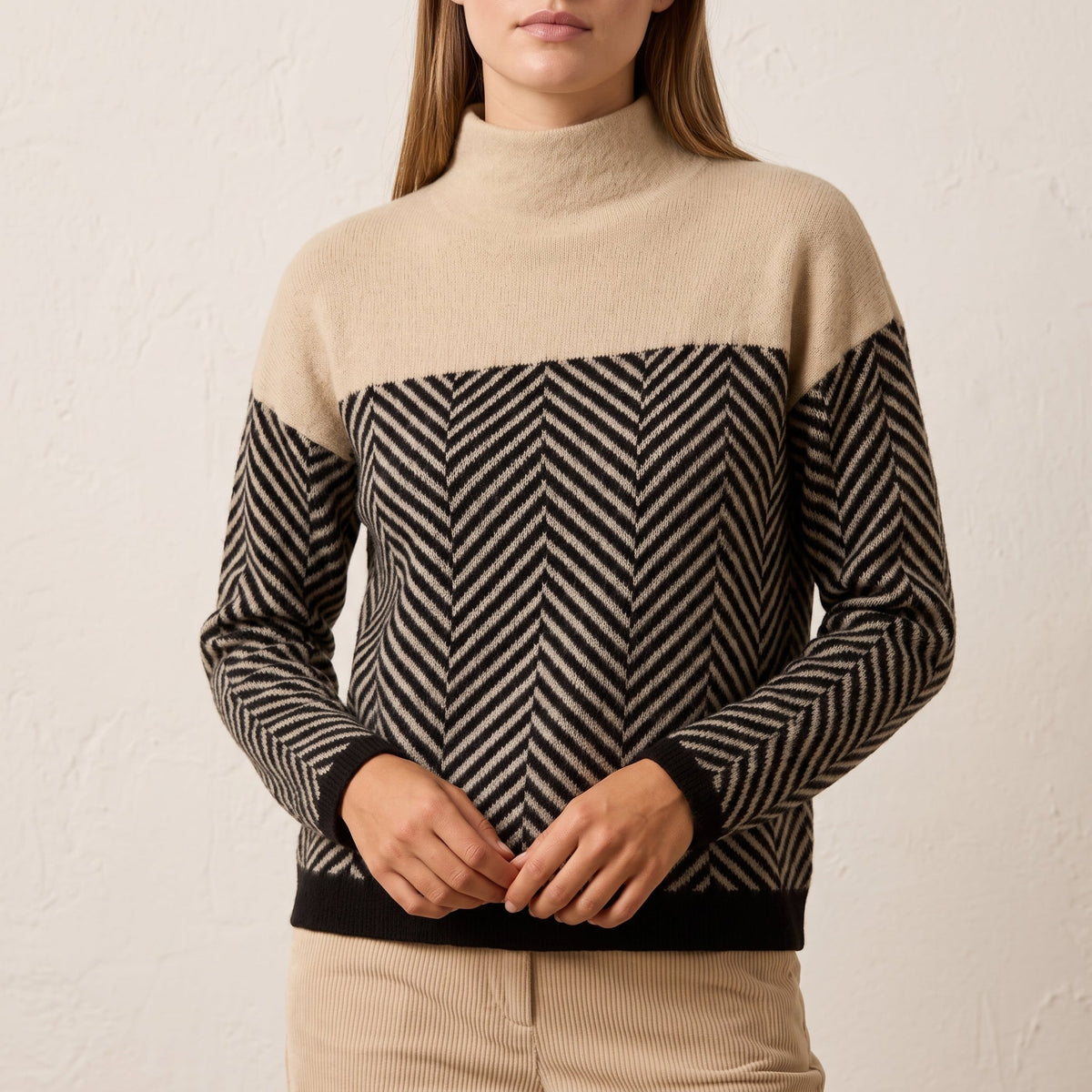 Vaelora | Women's Chevron Colour-Block Relaxed-Fit Funnel-Neck Knitted Jumper