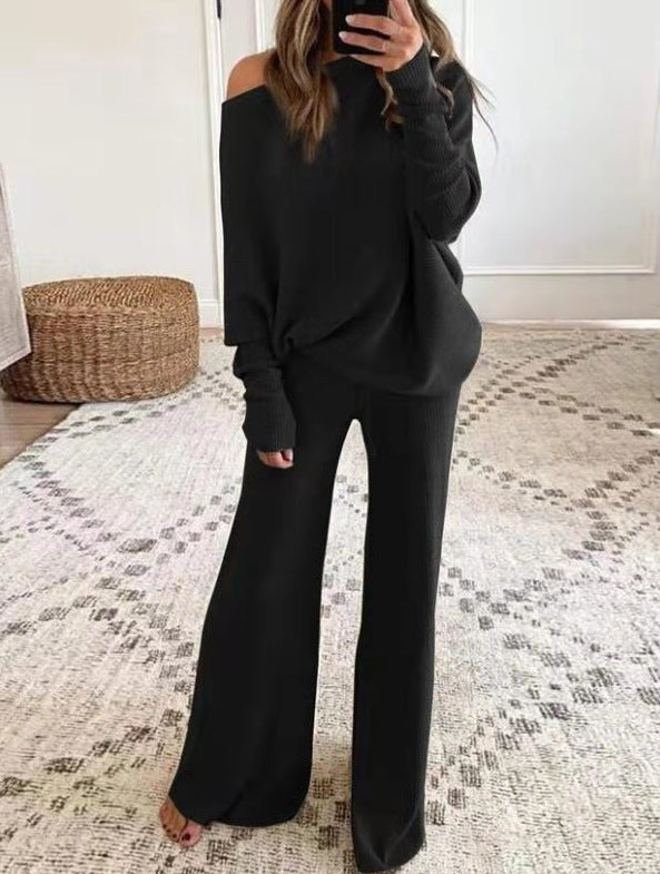 Alessia | Women's Knitted Two-Piece Set with Asymmetric Top & Trousers
