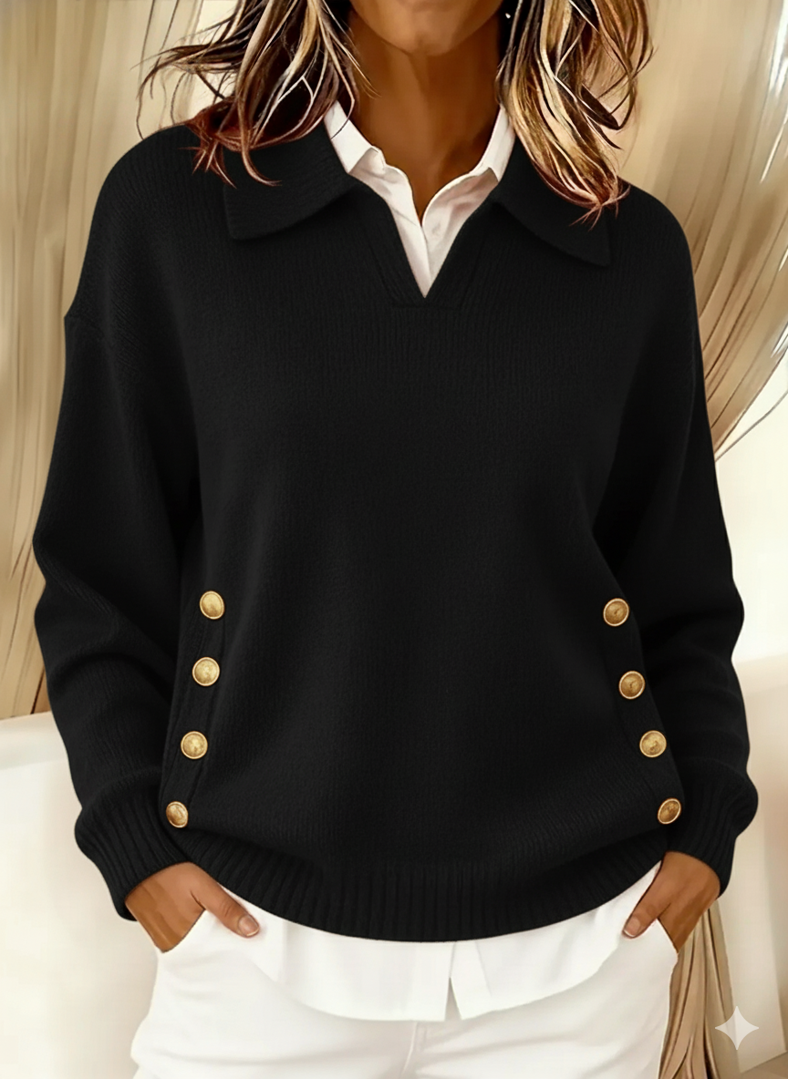 Women's Oversized Collared V-Neck Gold Button Polo Jumper