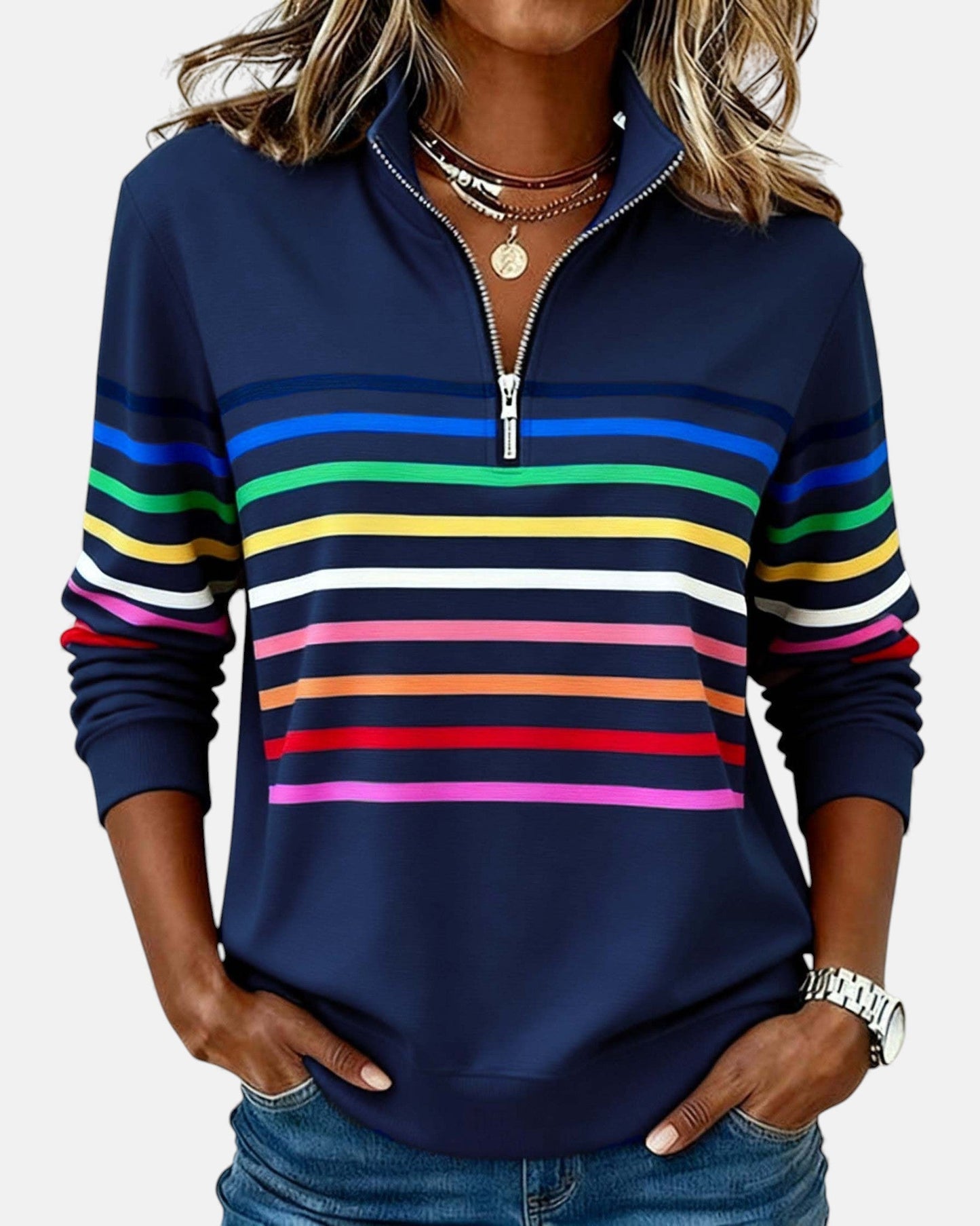 Solara | Rainbow Stripe Zip Sweatshirt