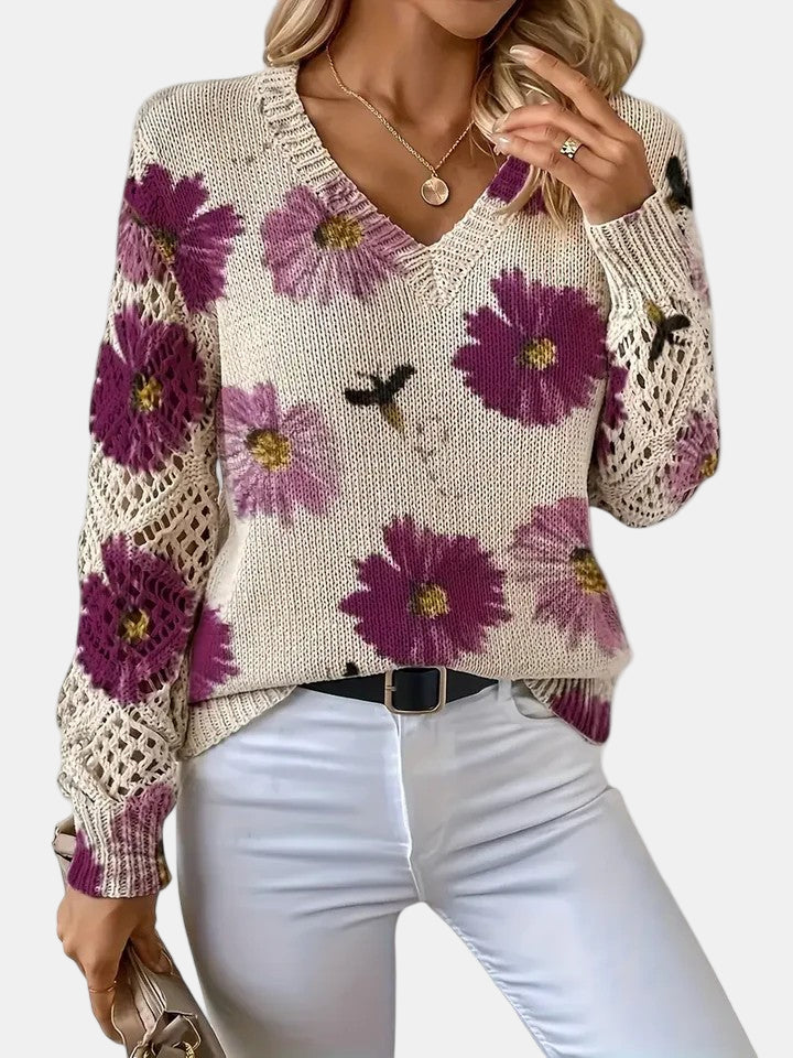 Roséliane | Women's Floral Knit V-Neck Sweater