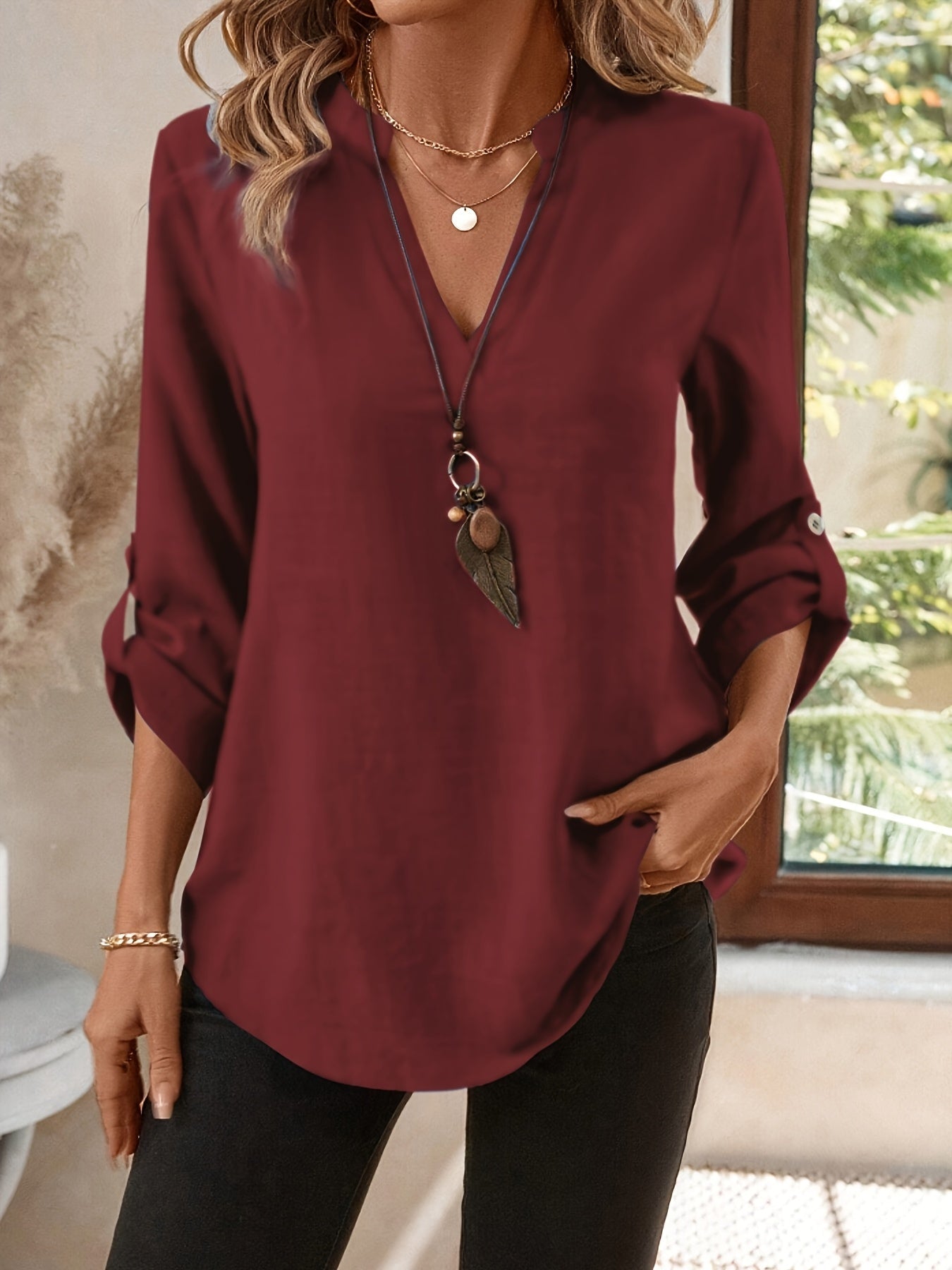 Maëlia | Women's V-Neck Roll Sleeve Blouse