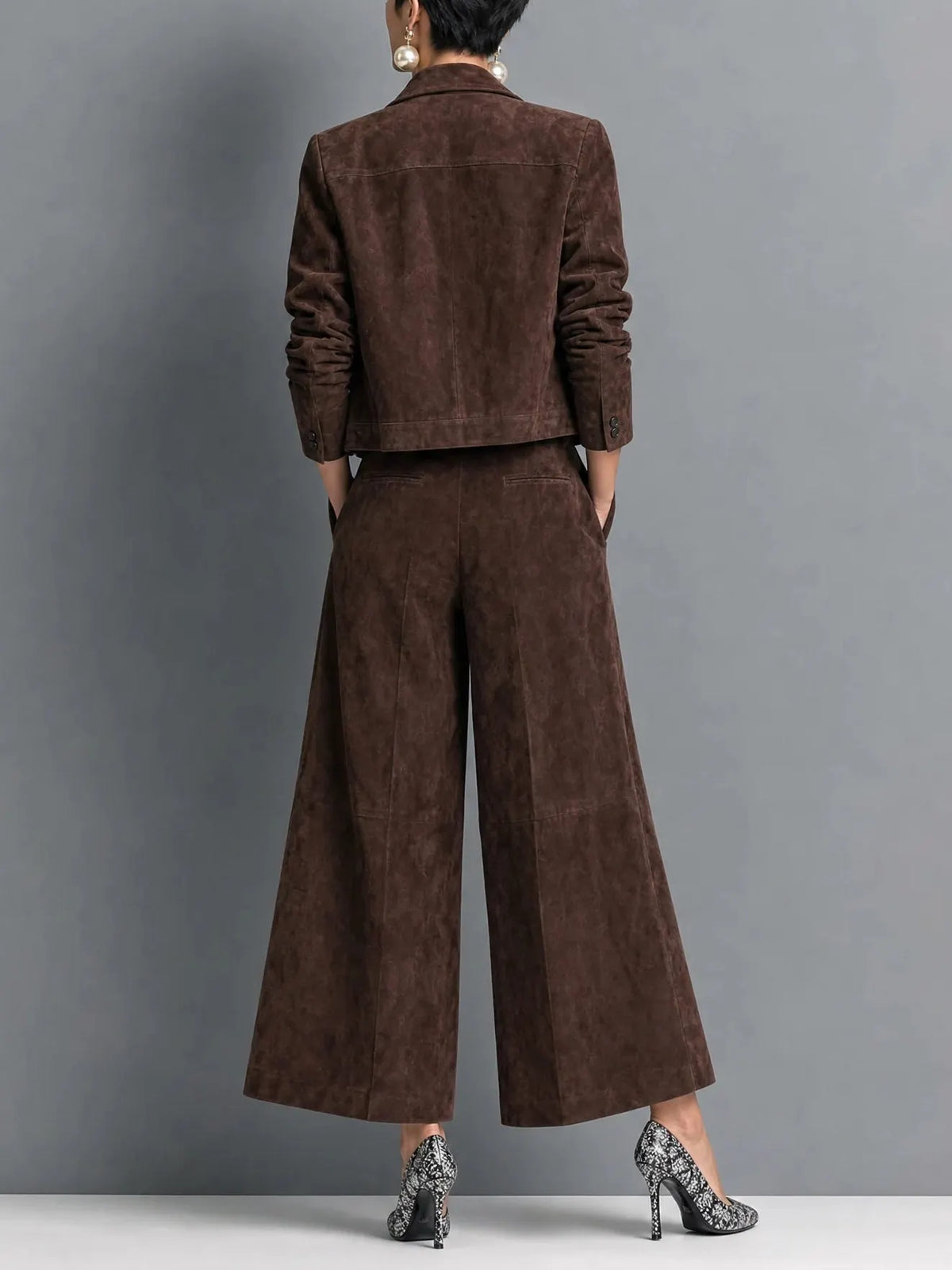 Isadora | Dark Brown Faux Suede Jacket & Wide-Leg Trousers Set