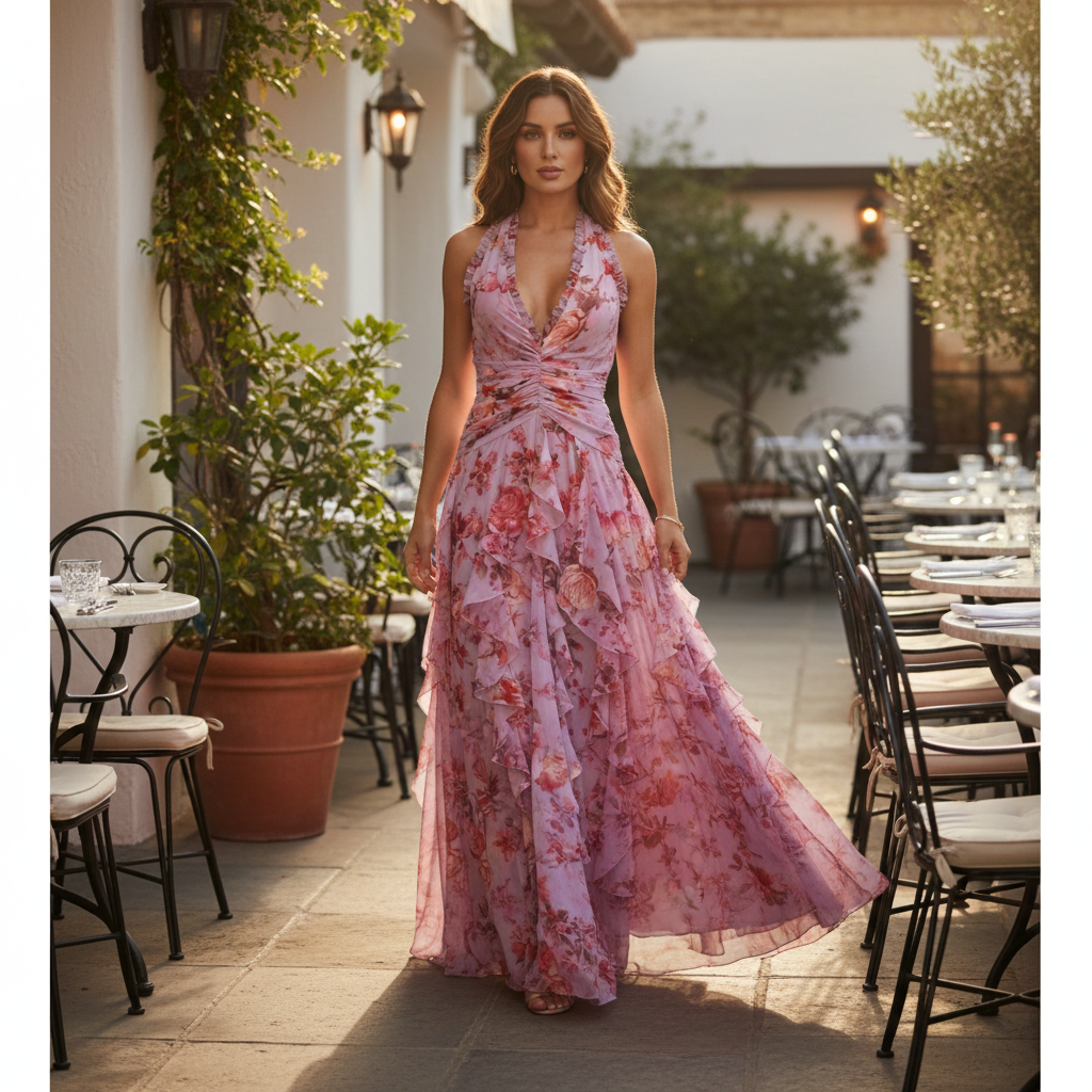 Women's Floral Halter-Neck Ruffle Party Maxi Dress