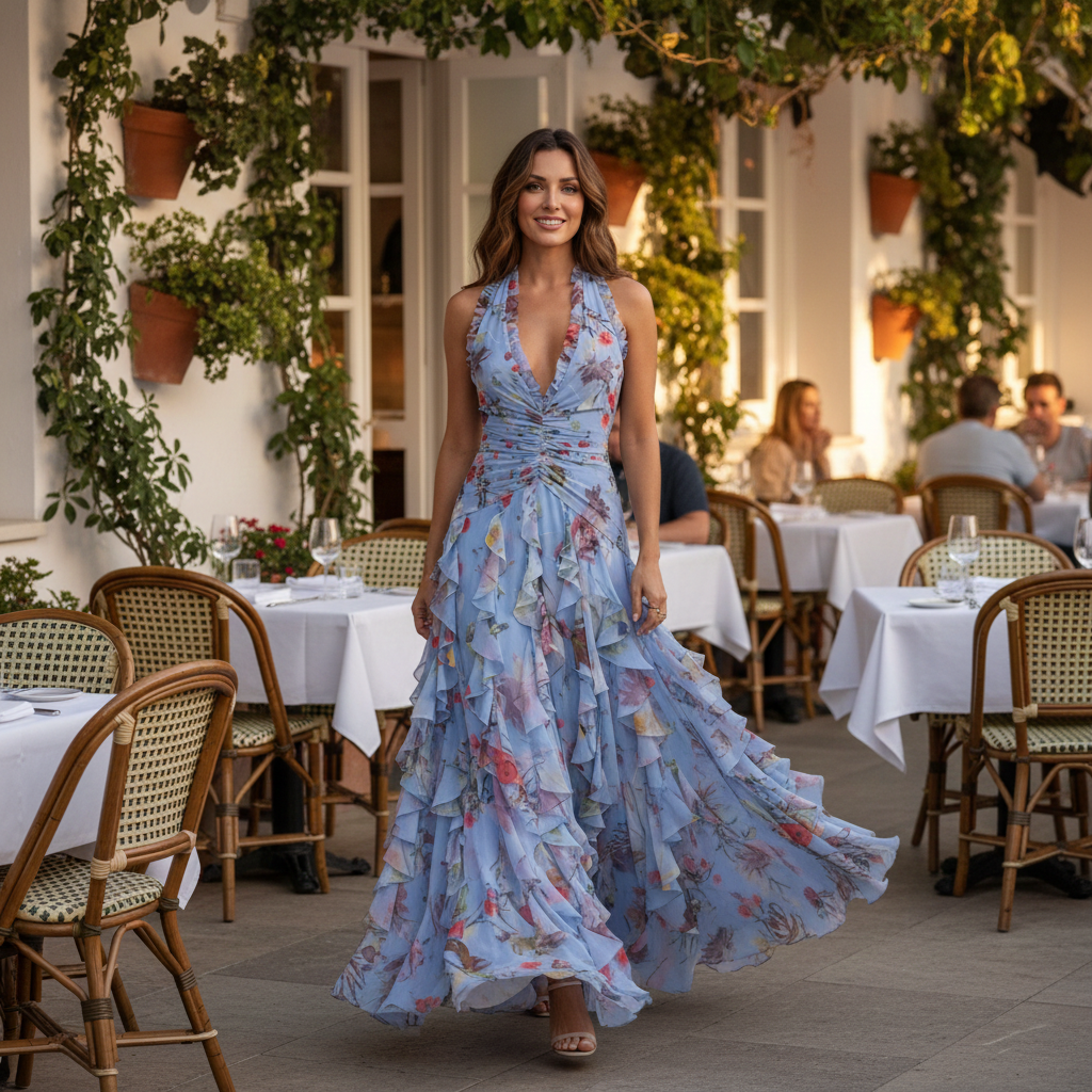 Women's Floral Halter-Neck Ruffle Party Maxi Dress