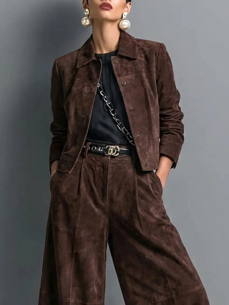 Isadora | Dark Brown Faux Suede Jacket & Wide-Leg Trousers Set