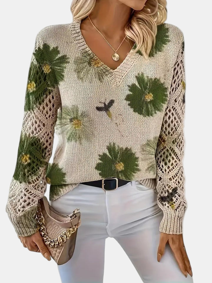 Roséliane | Women's Floral Knit V-Neck Sweater