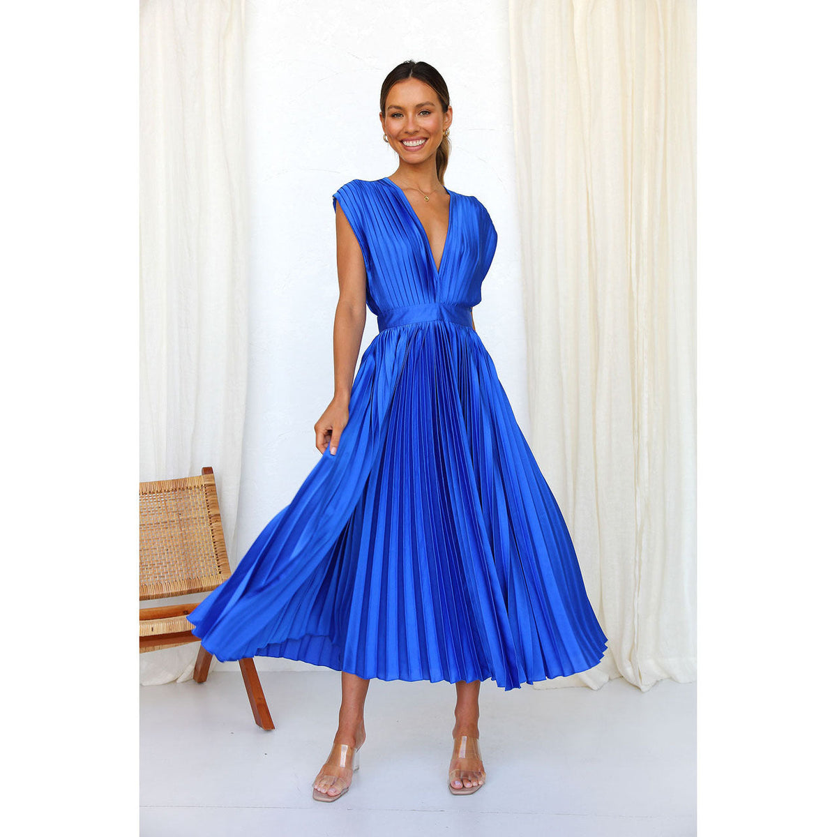 Eloise | Women's V-Neck Pleated Party Midi Dress