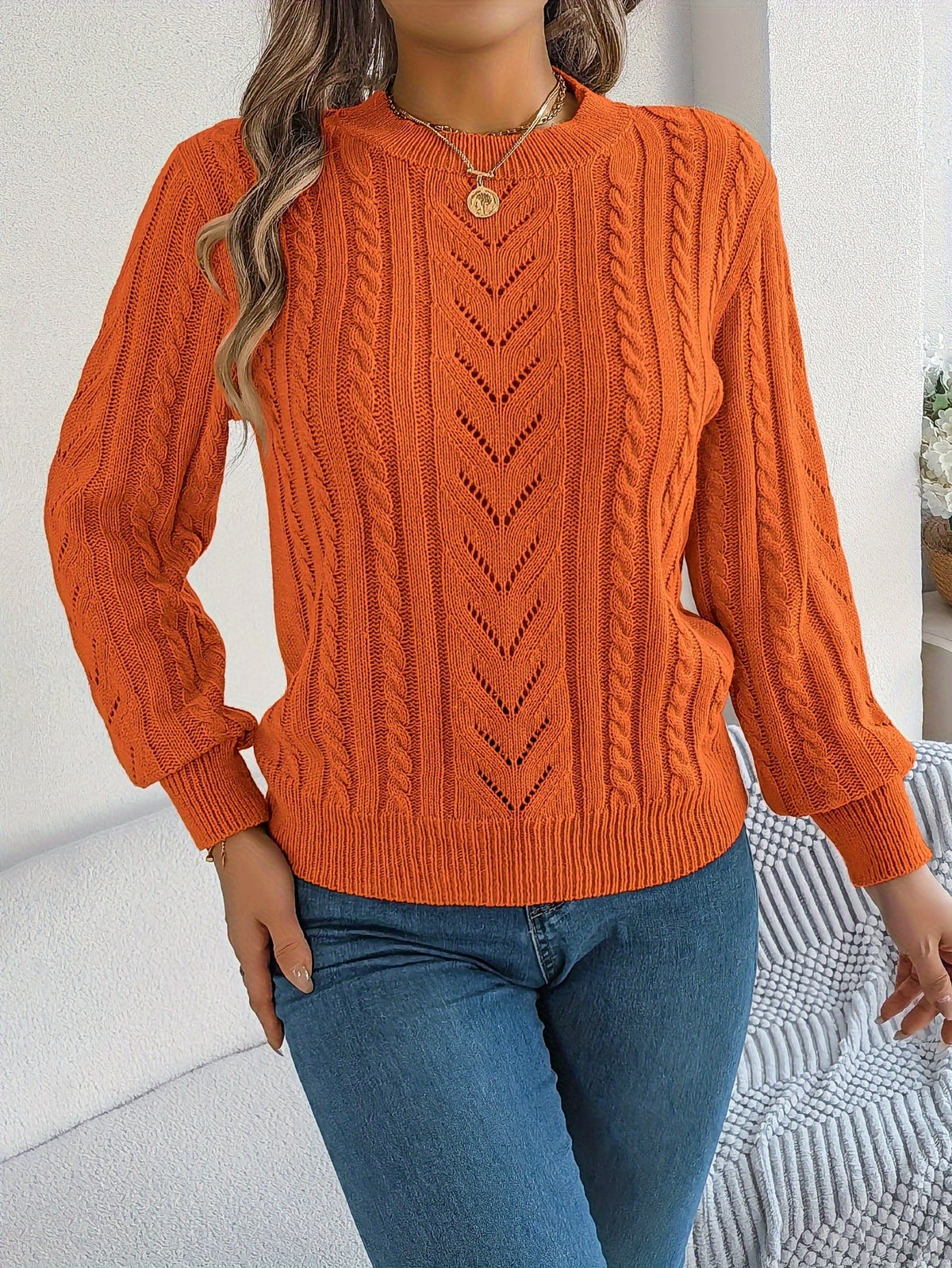 Lowri | Women's Textured Openwork Crew Neck Knit Jumper