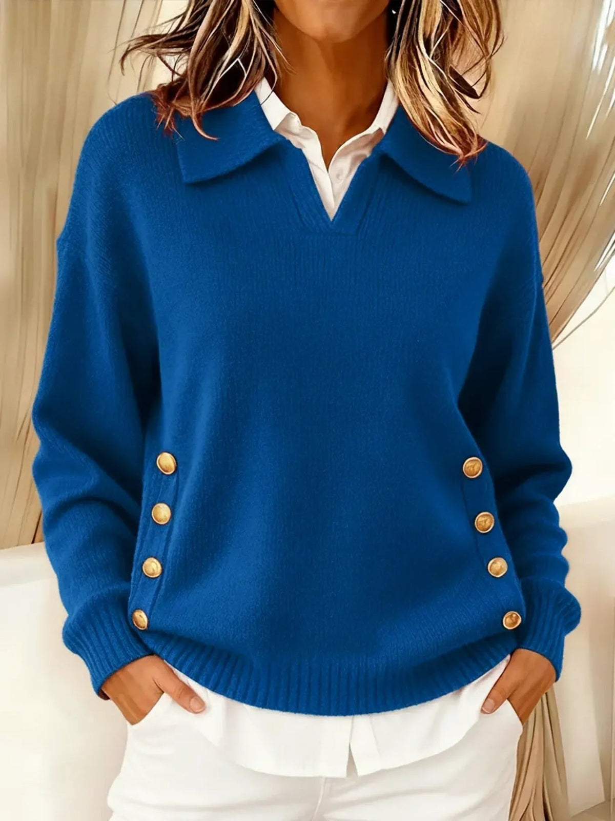 Women's Oversized Collared V-Neck Gold Button Polo Jumper