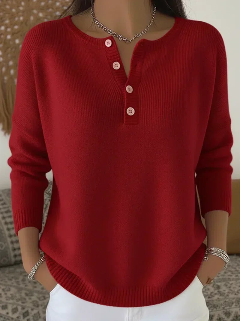 Women's Ribbed Henley Button Drop-Shoulder Knitted Jumper