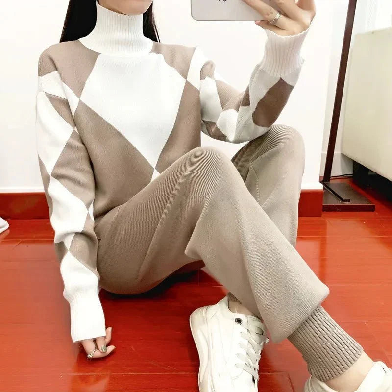 Freyja | Women's Geometric High-Neck Sweater & Tapered Trouser Set