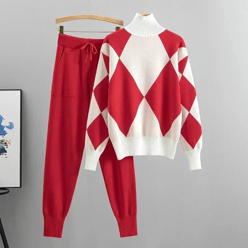 Freyja | Women's Geometric High-Neck Sweater & Tapered Trouser Set