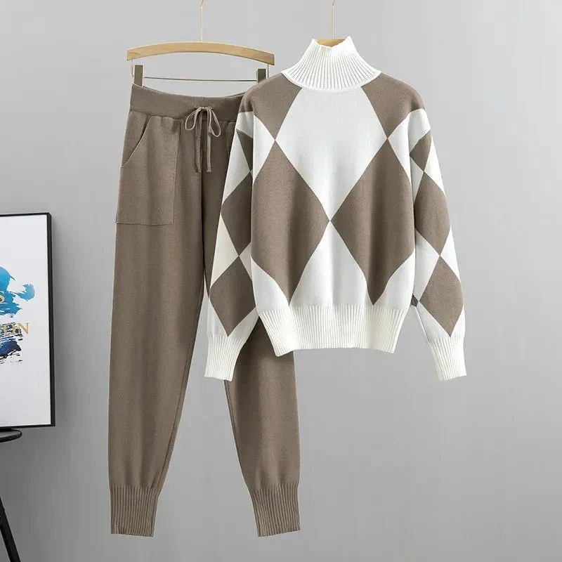 Freyja | Women's Geometric High-Neck Sweater & Tapered Trouser Set