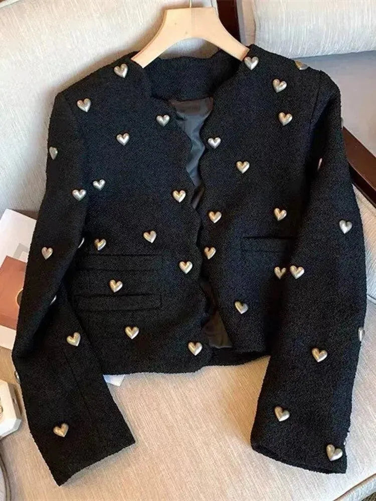 Coralie | Heart Embellished Cropped Blazer with Collar
